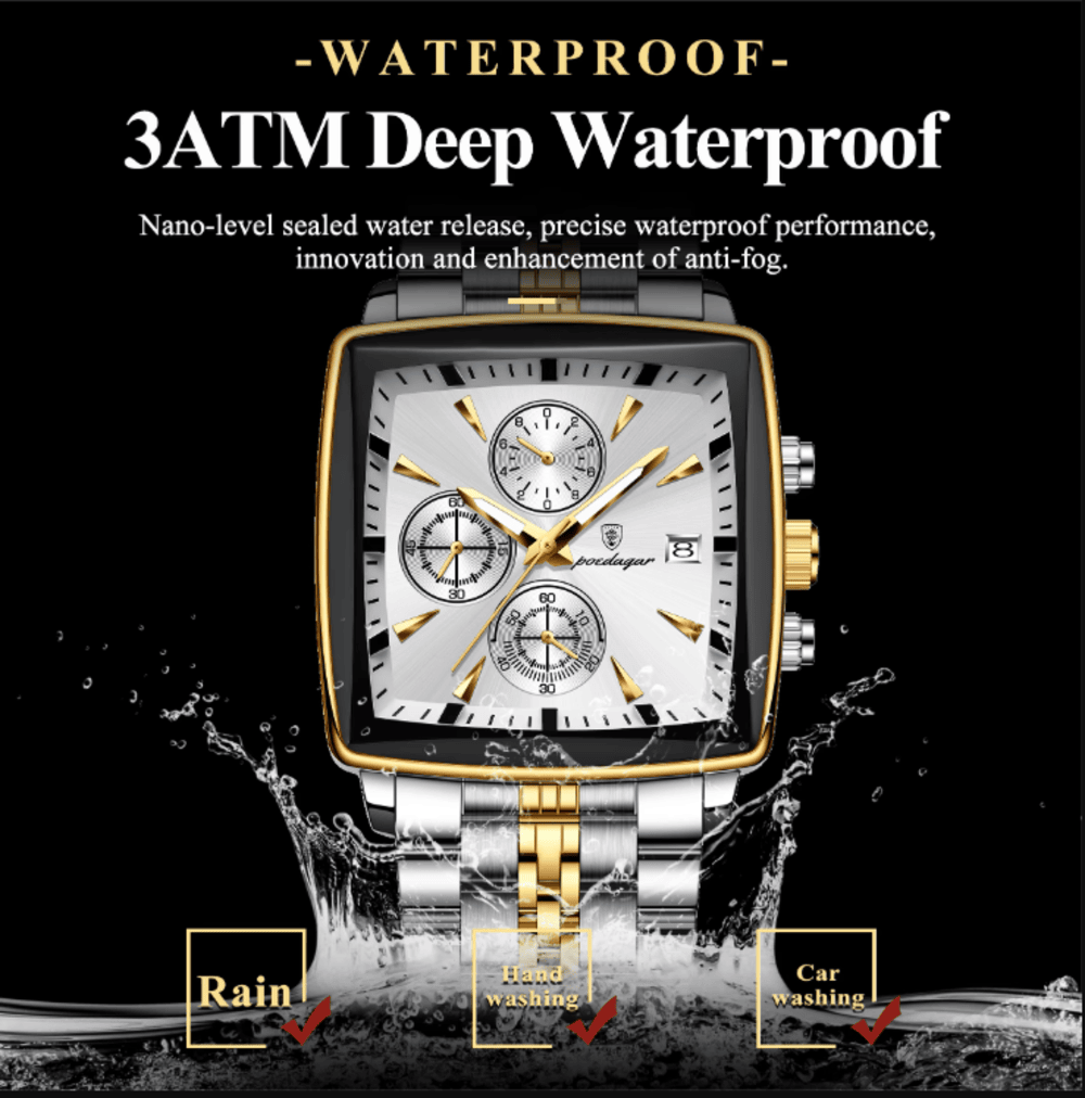 POEDAGAR 866 Luxury Square Chronograph Men’s Watch
