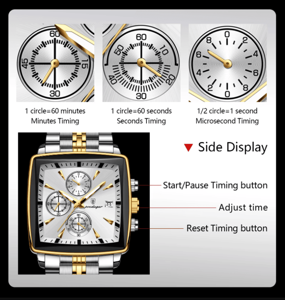 POEDAGAR 866 Luxury Square Chronograph Men’s Watch
