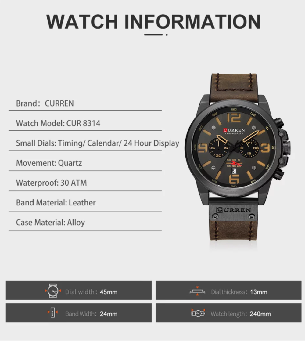 Curren 8314 Fashion Classic Chronograph Watch for Men-Black 
