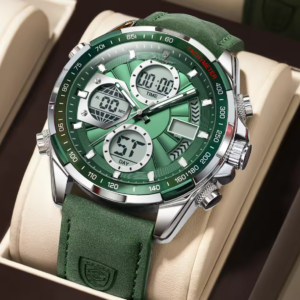 POEDAGAR E108 Men’s Analog Digital LED Quartz Watch – Waterproof Leather Sport Wristwatch