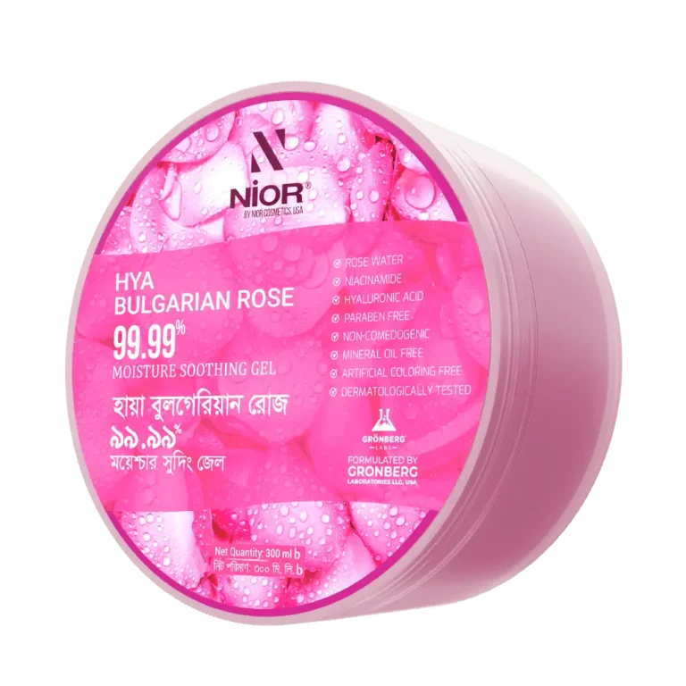 NIOR Hya Bulgarian Rose 99.99% MOISTURE SOOTHING GEL contains 99.99% Rose Water extract to make skin soft and moisturized & it also has hyaluronic acid which helps to keep our skin hydrated all day long. It smoothens skin texture and reduces the risk of skin damage caused by UV rays by strengthening the skin barrier.