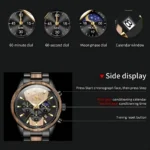 Olevs 3645 Men Watch Original Unique Steel Wood Clock Moonphase Timing Luxury Sports Quartz