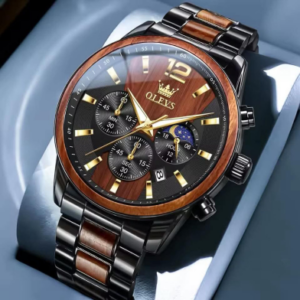 Olevs 3645 Men Watch Original Unique Steel Wood Clock Moonphase Timing Luxury Sports Quartz