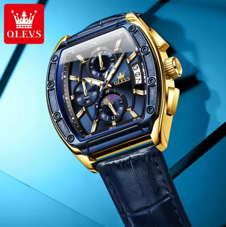 OLEVS 3661 Men’s Chronograph Quartz Watch – Leather Strap Tonneau, Waterproof & Luminous Square Dial