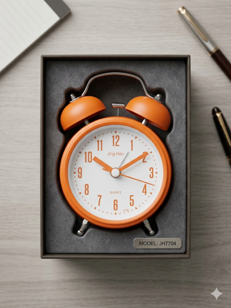 Jing Hao JH7704 Retro Twin Bell Alarm Clock Vibrant Orange Matte Finish