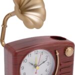 Vintage Gramophone Alarm Clock Retro Model Desk Clock for Home Decor (Wood Grain Color)