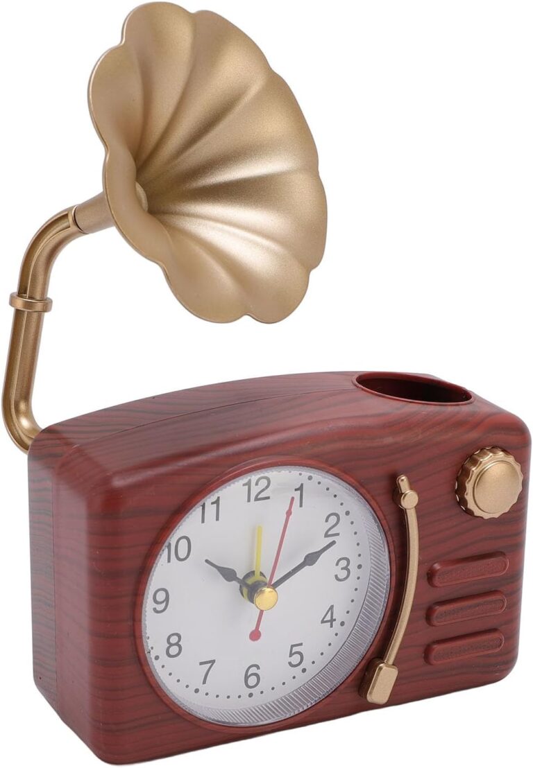 Vintage Gramophone Alarm Clock Retro Model Desk Clock for Home Decor (Wood Grain Color)