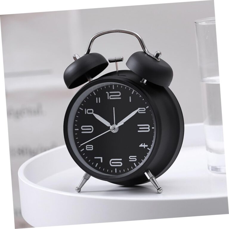 Modern Matte Black Twin Bell Alarm Clock – Silent Non-Ticking Desktop Clock with Loud Mechanical Alarm