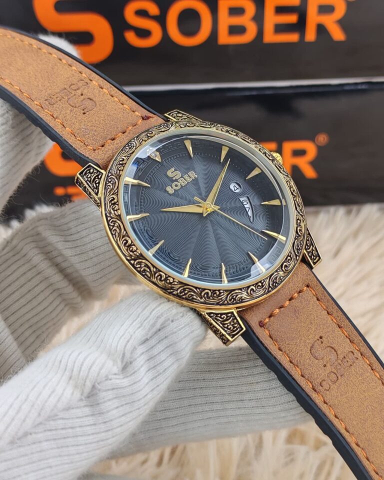 SOBER Vintage Luxury Men’s Watch – Ornate Gold-Tone Case with Premium Brown Strap