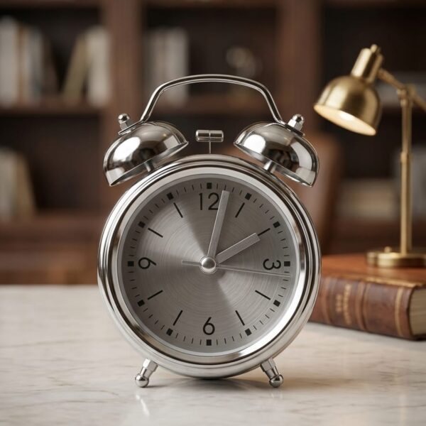 Classic Silver Twin-Bell Alarm Clock – Elegant Vintage Tabletop Clock