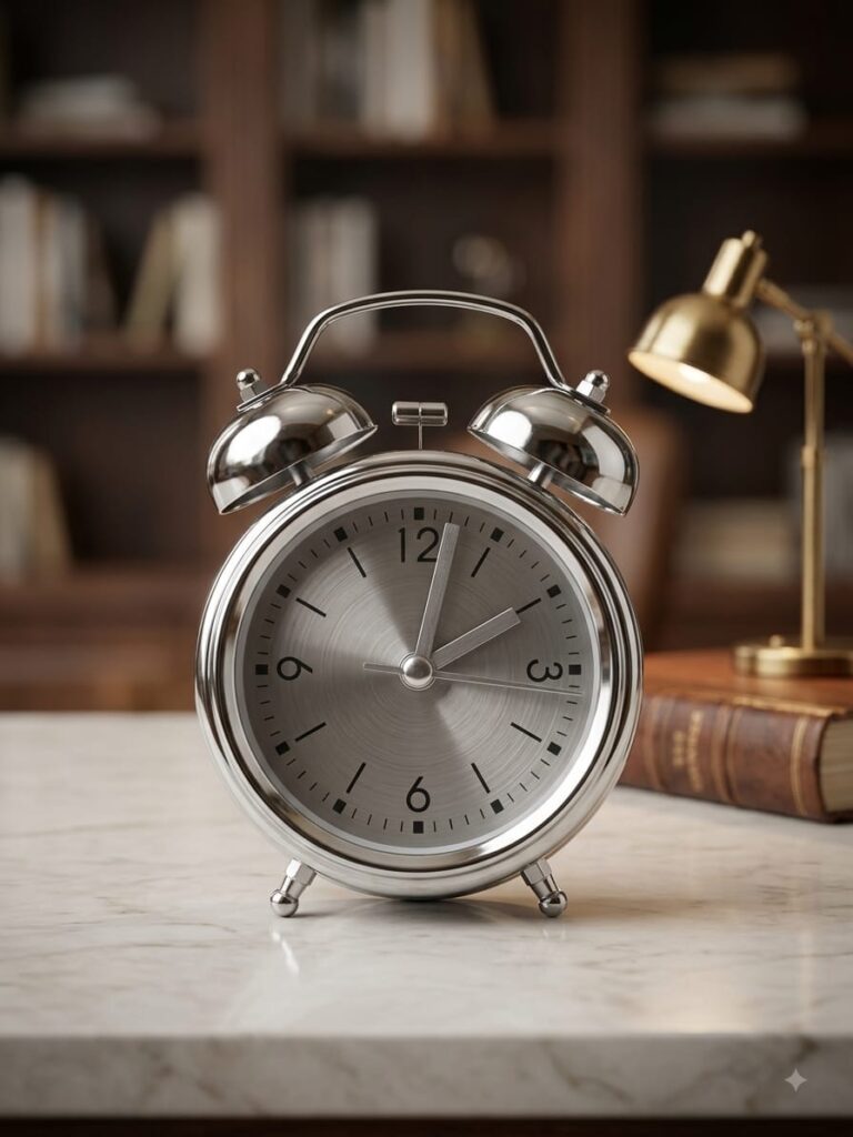Classic Silver Twin-Bell Alarm Clock – Elegant Vintage Tabletop Clock