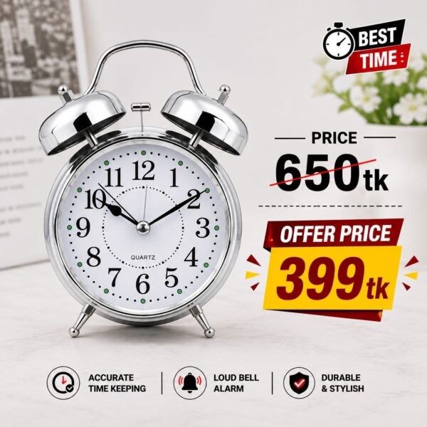 Alarm Clock and Twin Bell Table Clock - Loud Alarm silver colour