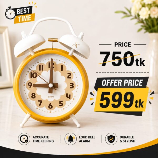 Scandi-Chic Yellow Flower Silent Twin Bell Alarm Clock