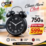 Modern Matte Black Twin Bell Alarm Clock – Silent Non-Ticking Desktop Clock with Loud Mechanical Alarm
