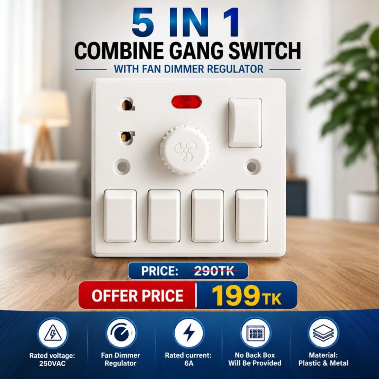 Universal 5 In 1 AC 250V 6A Combine 4 Pcs Gang Switch + Fan Dimmer Regulator + 2 Pin Socket and LED Indicator + Fuse Combine Wall Gang Switch Box