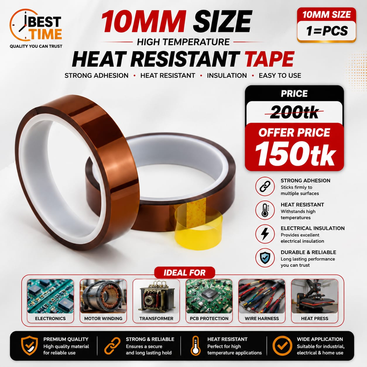 Heat Resistant Kapton Tape Polyimide Reflective Tape High Temperature Adhesive Polyimide Faucet Electronic Industry- Wide-10mm Heat Resistant Kapton Tape Polyimide Reflective Tape High Temperature Adhesive Polyimide Faucet Electronic Industry- Wide-10mm