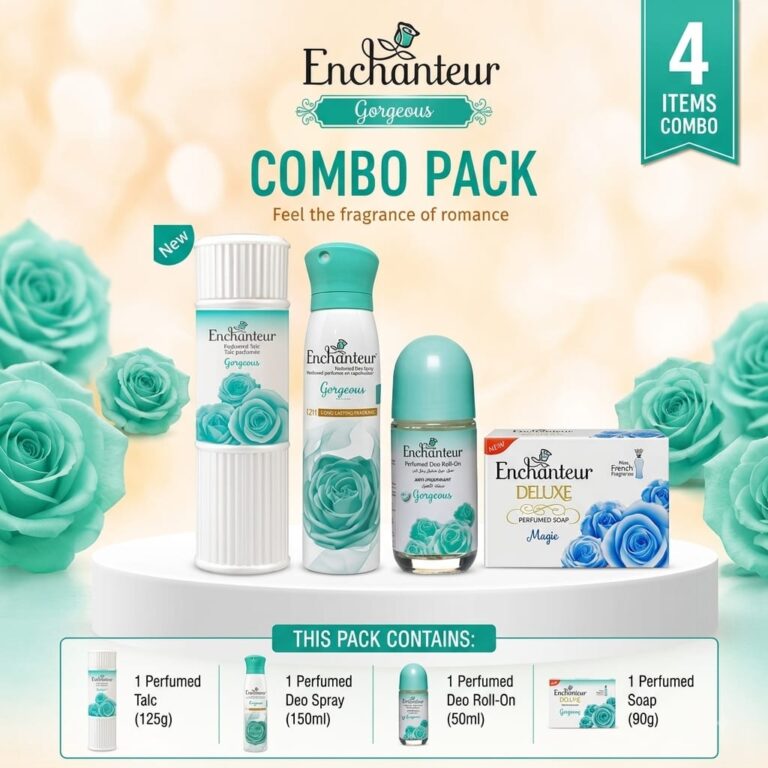 Enchanteur Gorgeous 4 Items Combo Pack – Perfumed Talc, Deo Spray, Deo Roll-On & Perfumed Soap