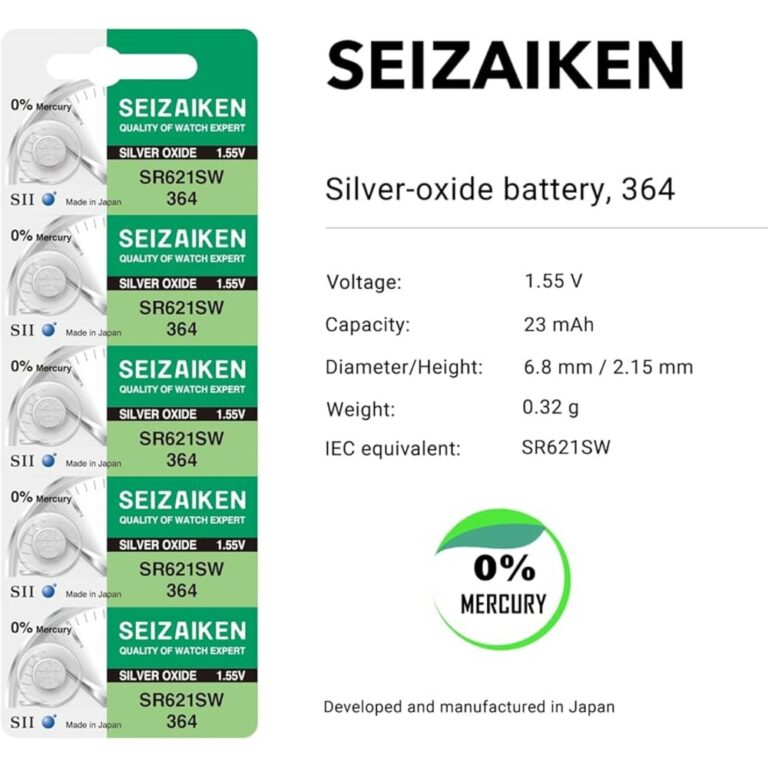 Seizaiken 1.55V Zero percent Hg Silver Oxide Watch Battery (5 Batteries) - 364 SR621SW